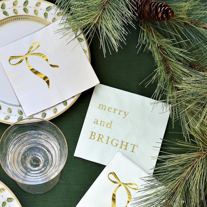 Sunshine Supply Bow Christmas Cocktail Napkins – Gold Foil Ribbon 3-Ply Disposable Paper Napkins for Christmas, Holiday Parties and New Year's Eve - Image 2
